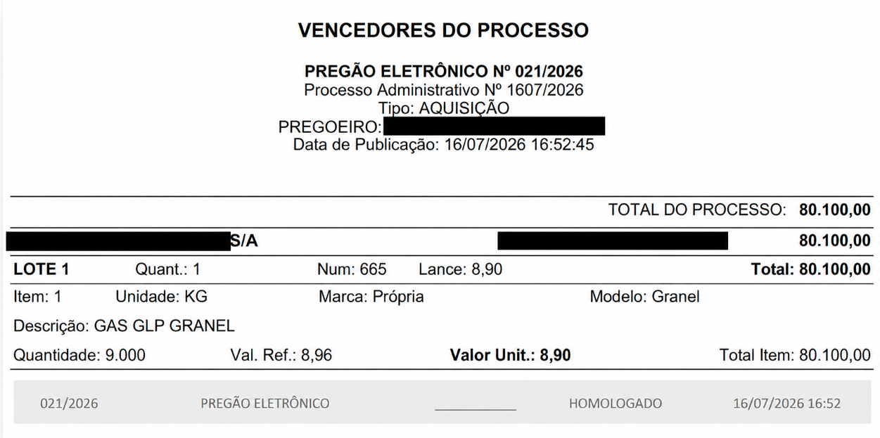 Extrato do Pregão Eletrônico 021/2026, total do processo de R$ 80.100,00, situação homologada em 16/07/2026